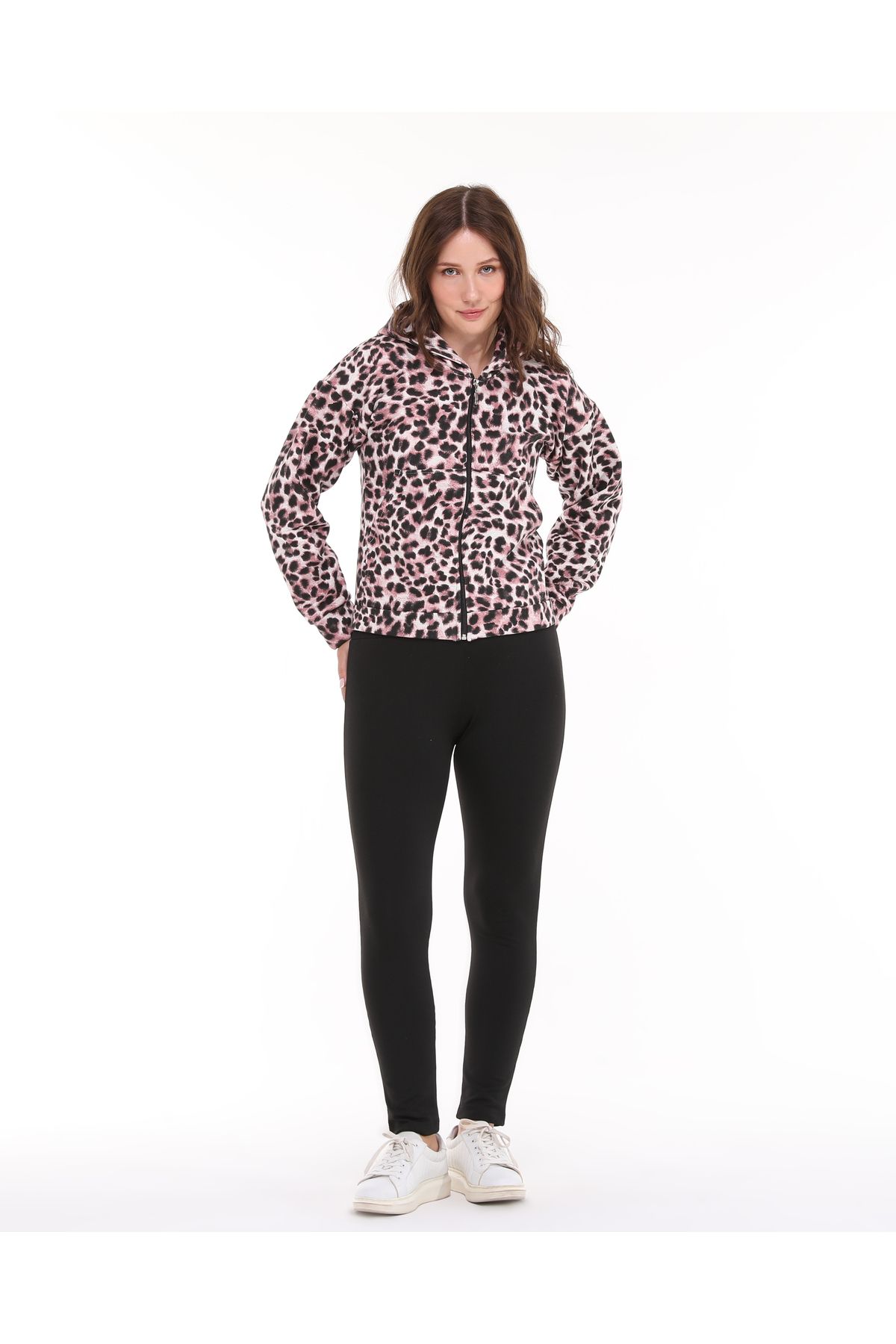 BNZ TEKSTİL-Three Thread Shardon Hooded Zippered Leopard Pattern Tracksuit Top, Jacket 1