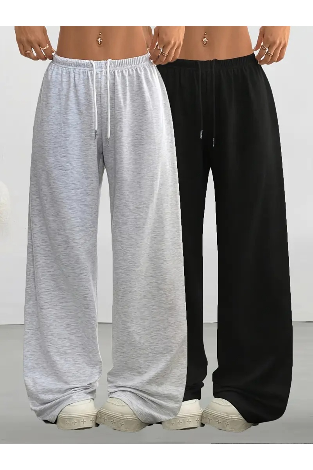 yx yustex sport 2 Adet Çift Renk Kadın Siyah Gri Baggy Büyük Beden Bol Kesim Kaliteli Esnek Rahat Kumaş EşofmaatıYUS