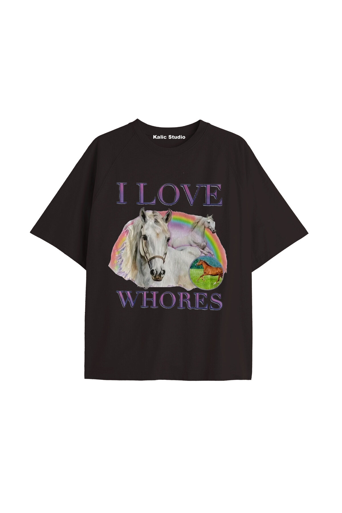 Kalic Studio Özel Baskılı Oversize Pamuklu I Love Whores t-shirt siyah