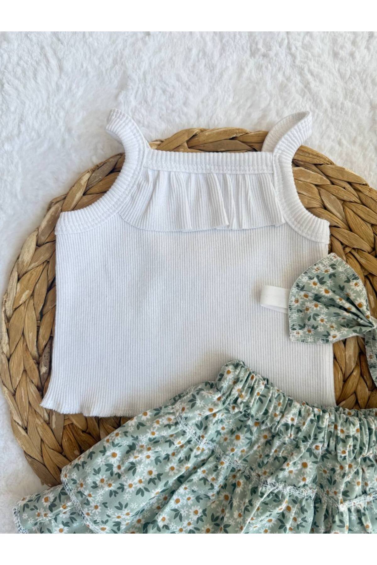 AKİF GİYİM KIZ ÇOCUK FLORAL ÇİÇEK DESENLİ FIRFIRLI ETEK BLUZ BANDANA TAKIMI fotoğrafı 3 (önizleme)