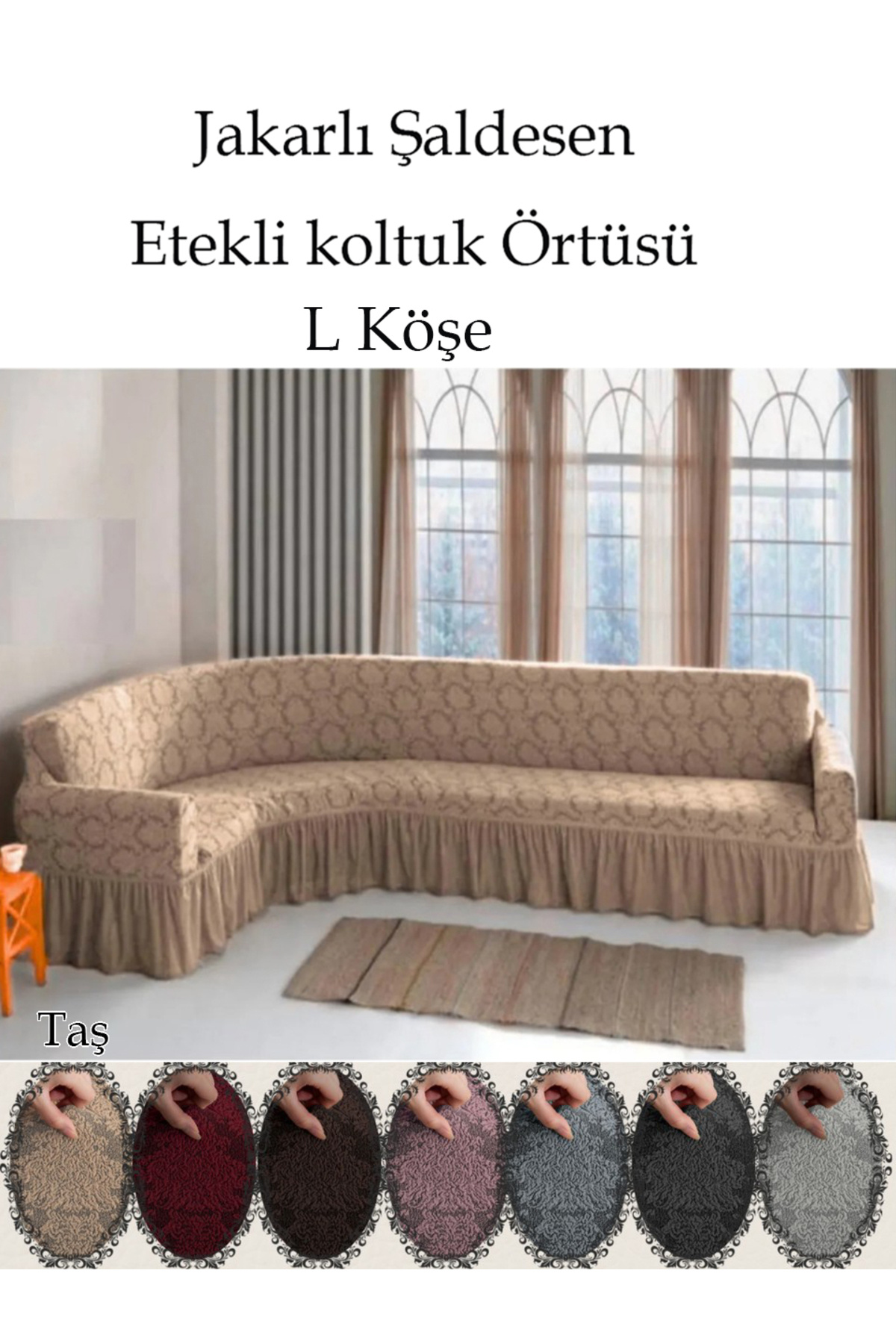jakarli Şal desen L köşe koltuk örtüsü, Esnek koltuk kılıfı, osmanlı desen (350cm)