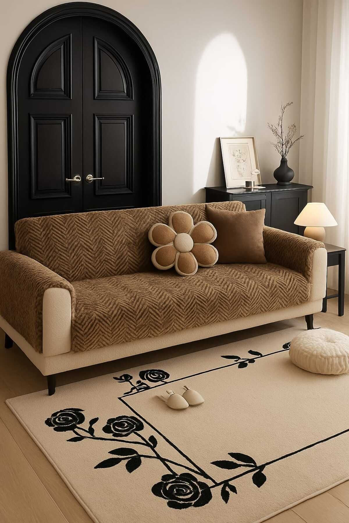 MER HOME-Zigzag Chevron Patterned Plush for Three Seater Sofa (1 Piece) 80*190cm Size (Coffee) Only Seating Cover 2