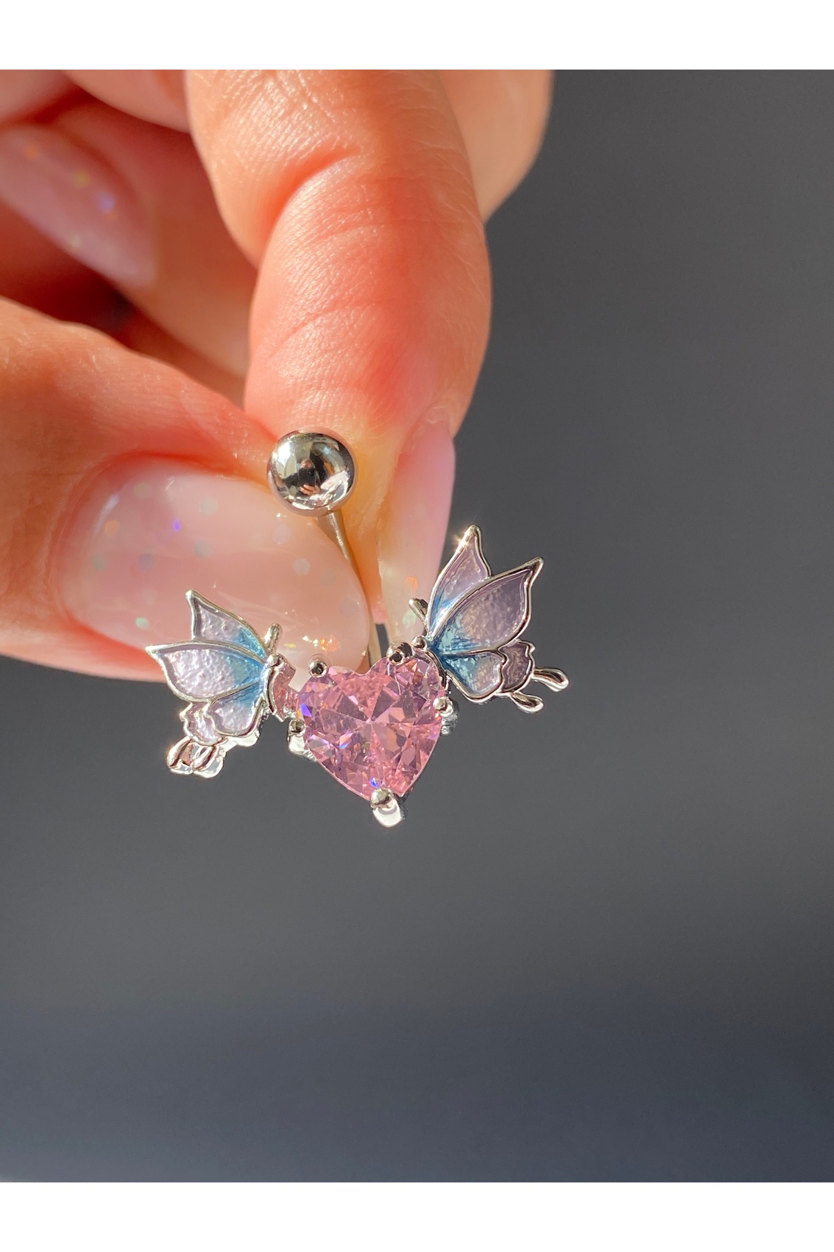 Belly Steel Piercing Bat Shaped Butterfly Pink Zircon Gemstone Heart Model