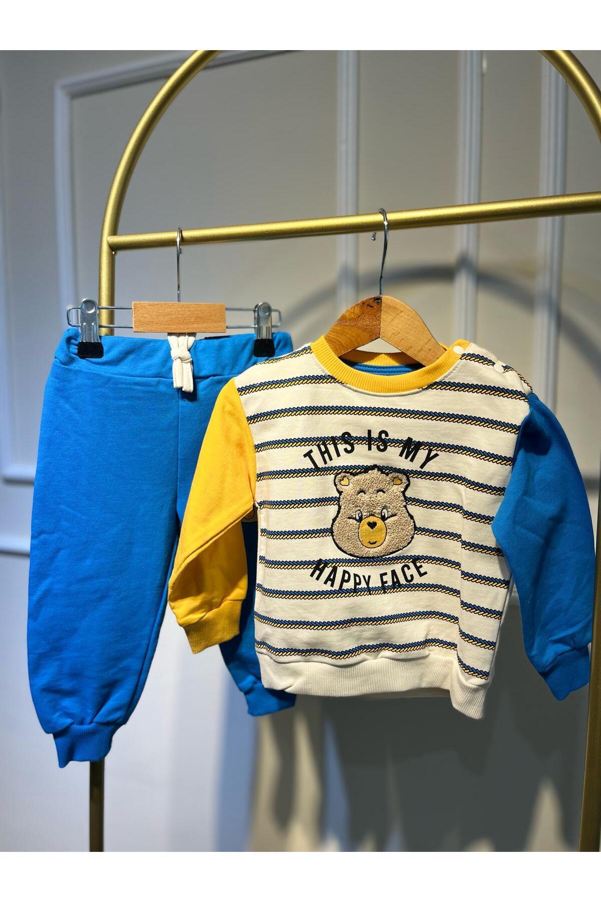 Mavi Sarı Blok Renk Erkek Alt-Üst Giyim