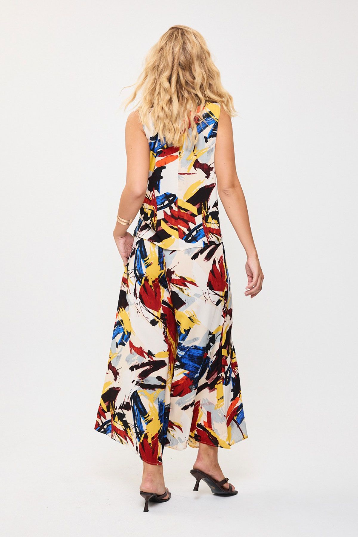bacc-Red Patterned Sleeveless Blouse and Wide Leg Pants Woven Bottom Top Set Bcvl-25V201 6