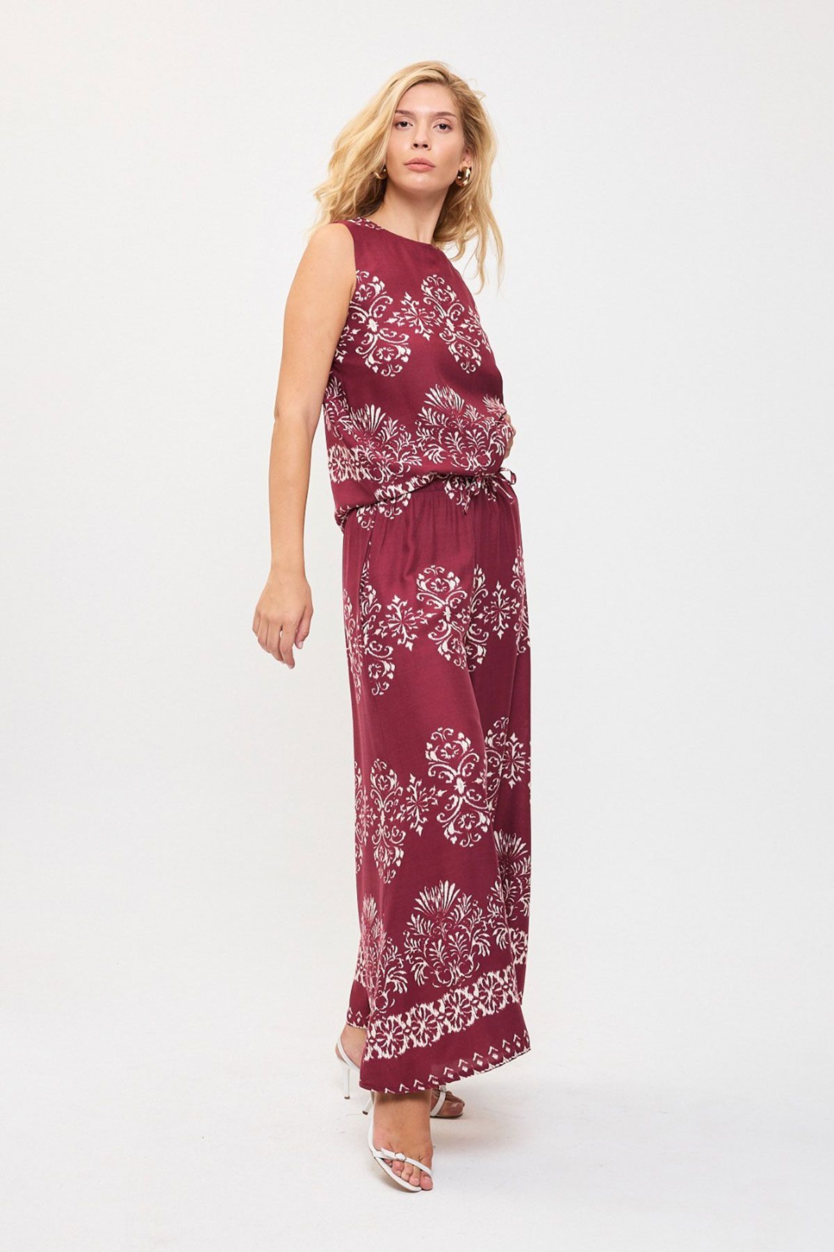 bacc-Cherry Pattern Sleeveless Blouse and Wide Leg Pants Woven Bottom Top Set Bcvl-25V201 4