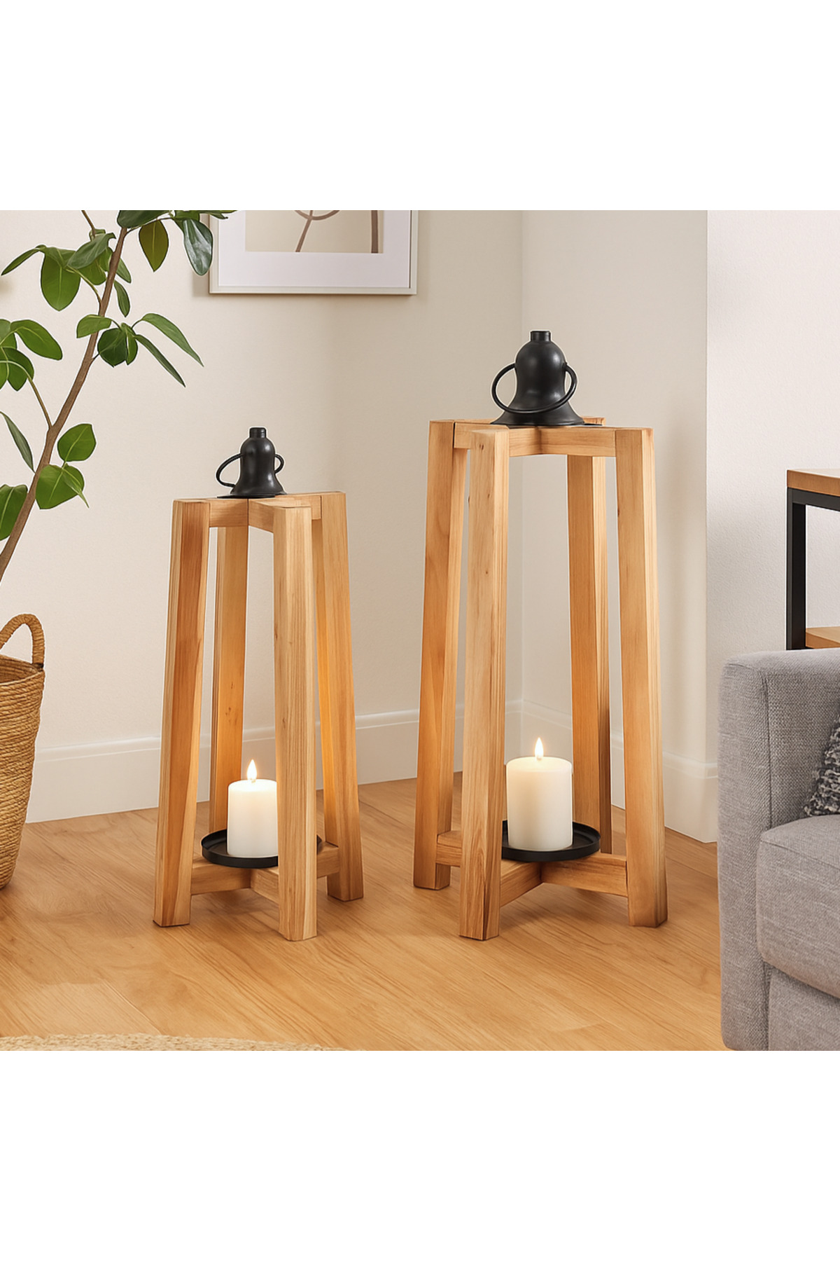 طقم شمعدان ناتشورال خشبي - معدن أسود