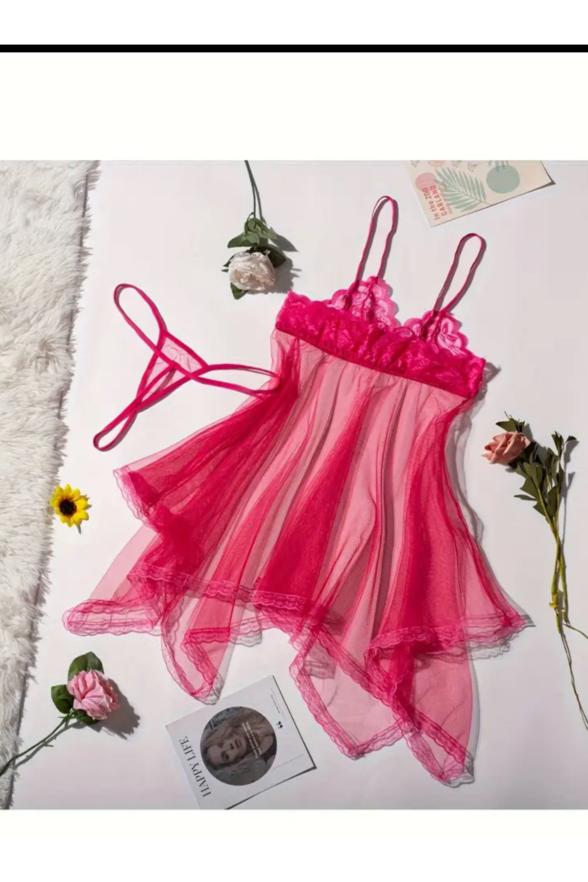 Marmara Romantik Dantel ve Tül Detaylı Pembe Gecelik her bedene uyan esnek