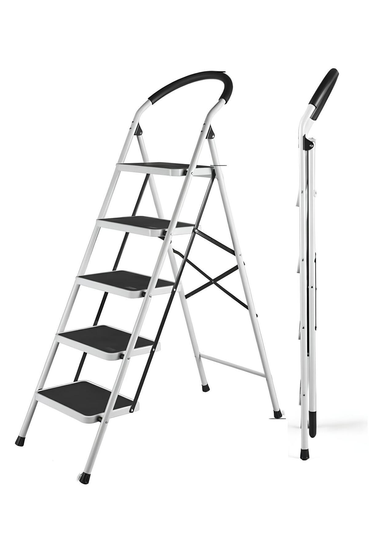 Asil Metal 5 Basamaklı Katlanır Merdiven | Geniş Kaymaz Yüzeyli Basamaklı Ev Tipi 150 Kg Taşıma Kapasite
