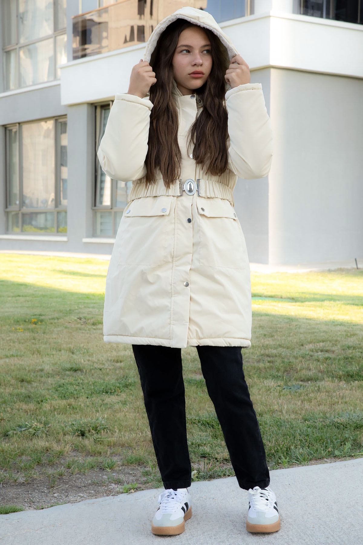 Cream Belted Nubuck Fabric Girls Furry Hooded Inflatable Coat 21315