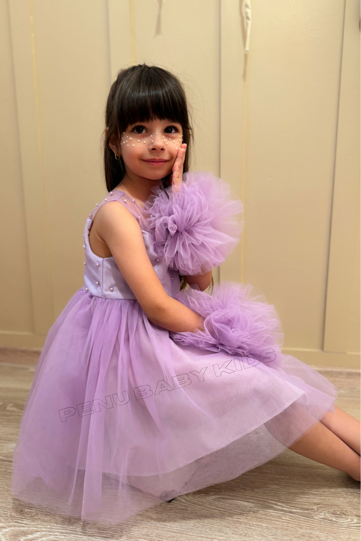 penu baby kids Lila Ponpon Detaylı İnci Süslemeli Pamuk Astarlı Kız Çocuk Kız Bebek Elbise fotoğrafı 6 (önizleme)