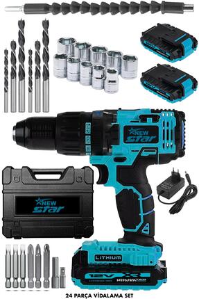 Newstar New Star 24 parça Plastik Mandren Darbeli Şarjlı Matkap Mavi