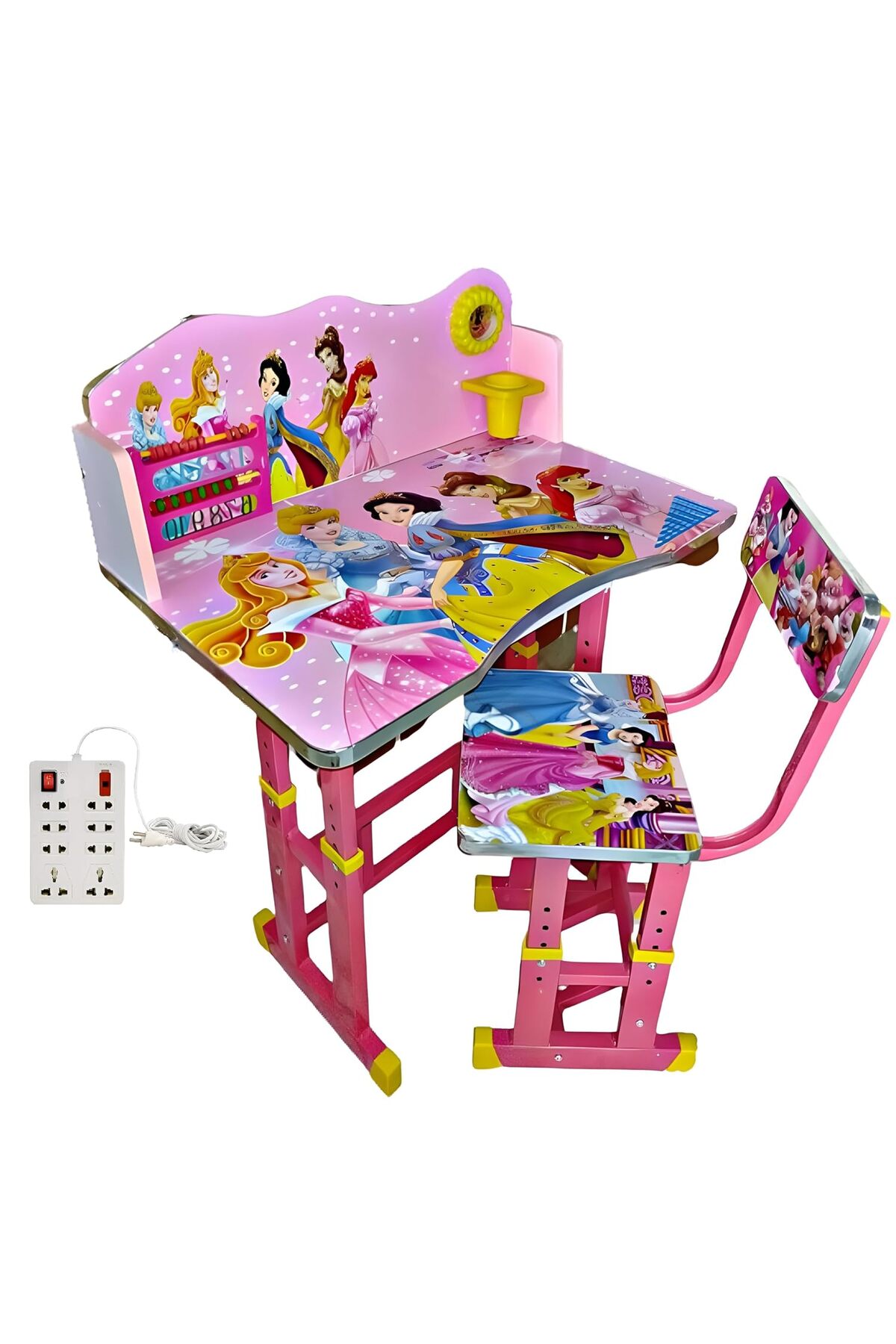 مكتب توبي بيبي، طاولة دراسة للأطفال من المعدن والخشب الهندسي الفاخر (وردي) مع مقبس 8+1 مجاني