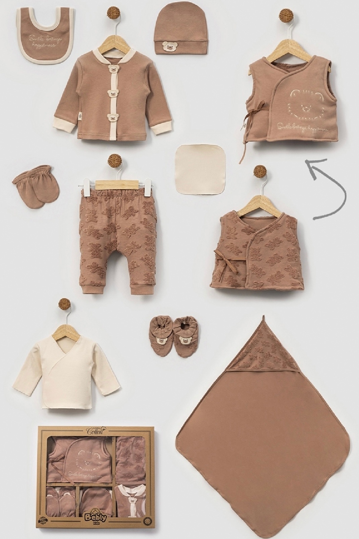 Jakar Havlu Ayıcıklı Yelekli Penye Erkek Bebek Yenidoğan 10 Parça Hastane Çıkışı Zıbın Seti