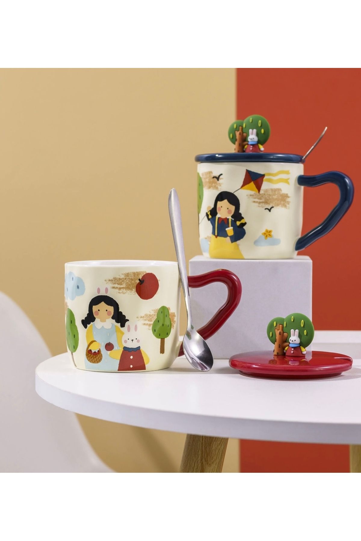 Generic-Ceramic mug with decorative designs, comes with matching lids and spoons. 2