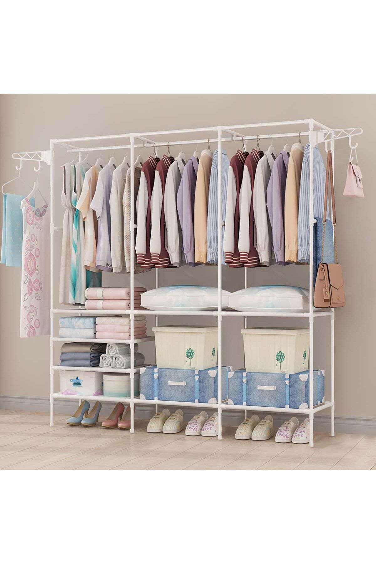 Cozy Nest-3 Section Metal Cloth Rack with Shelves Multifunctional Garment Wardrobe with 360° Rotatable Hooks 2