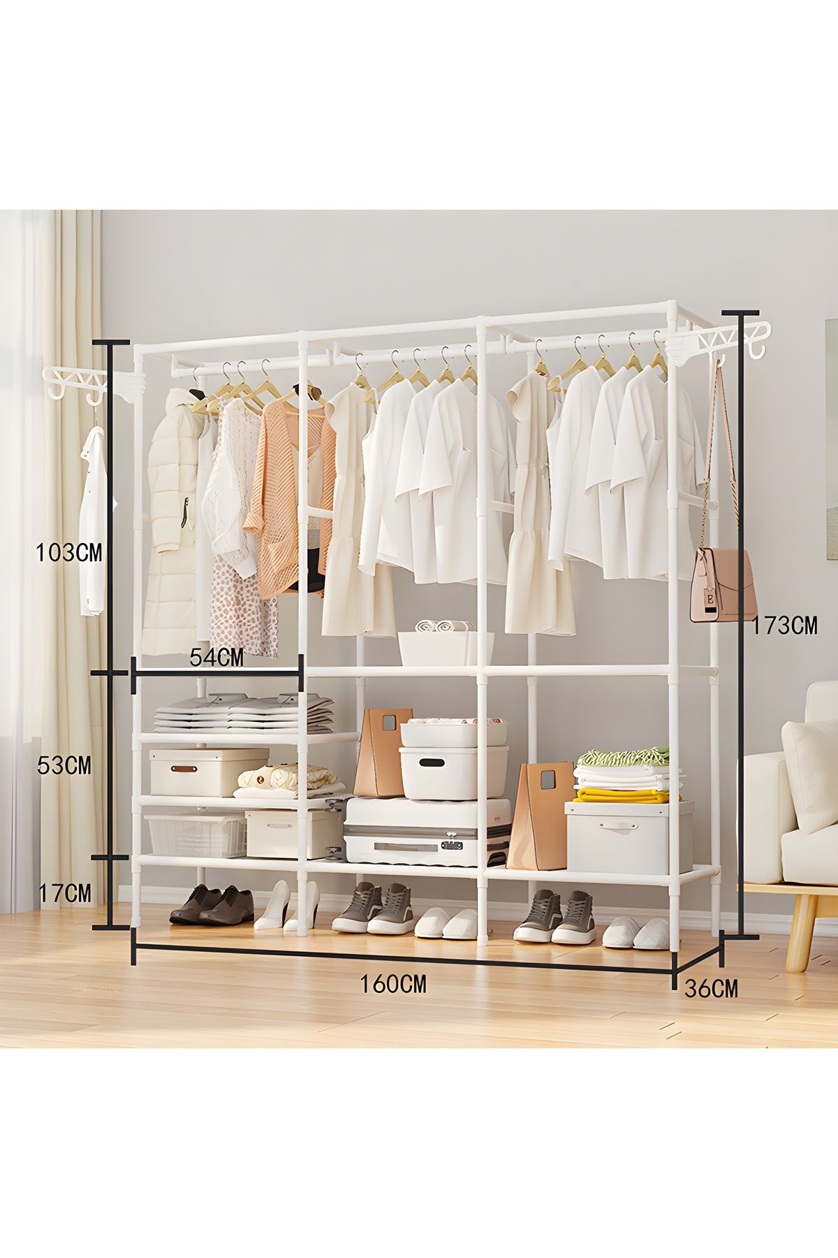 Cozy Nest-3 Section Metal Cloth Rack with Shelves Multifunctional Garment Wardrobe with 360° Rotatable Hooks 3
