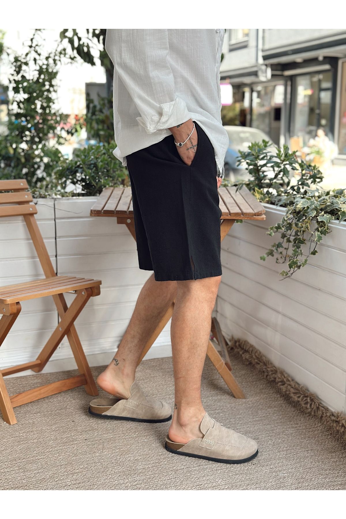 manch collection-Basic Linen Shorts with Drawstring Waist Black 3