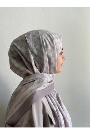 NEOMOON Bej Monogram Desenli Pamuk Vual Şal - Günlük Kullanım