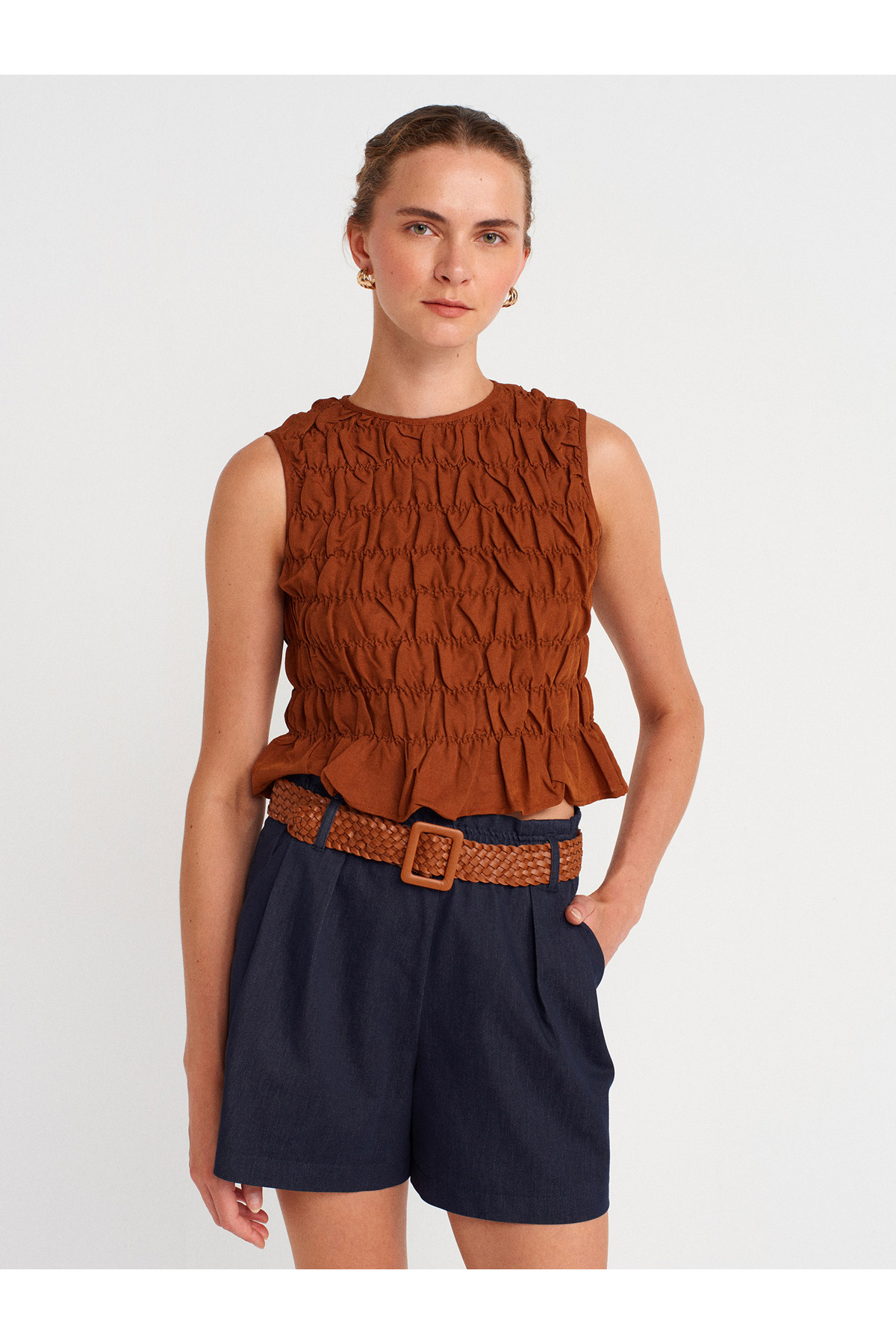 50845 Sleeveless Crop Blouse-Brown