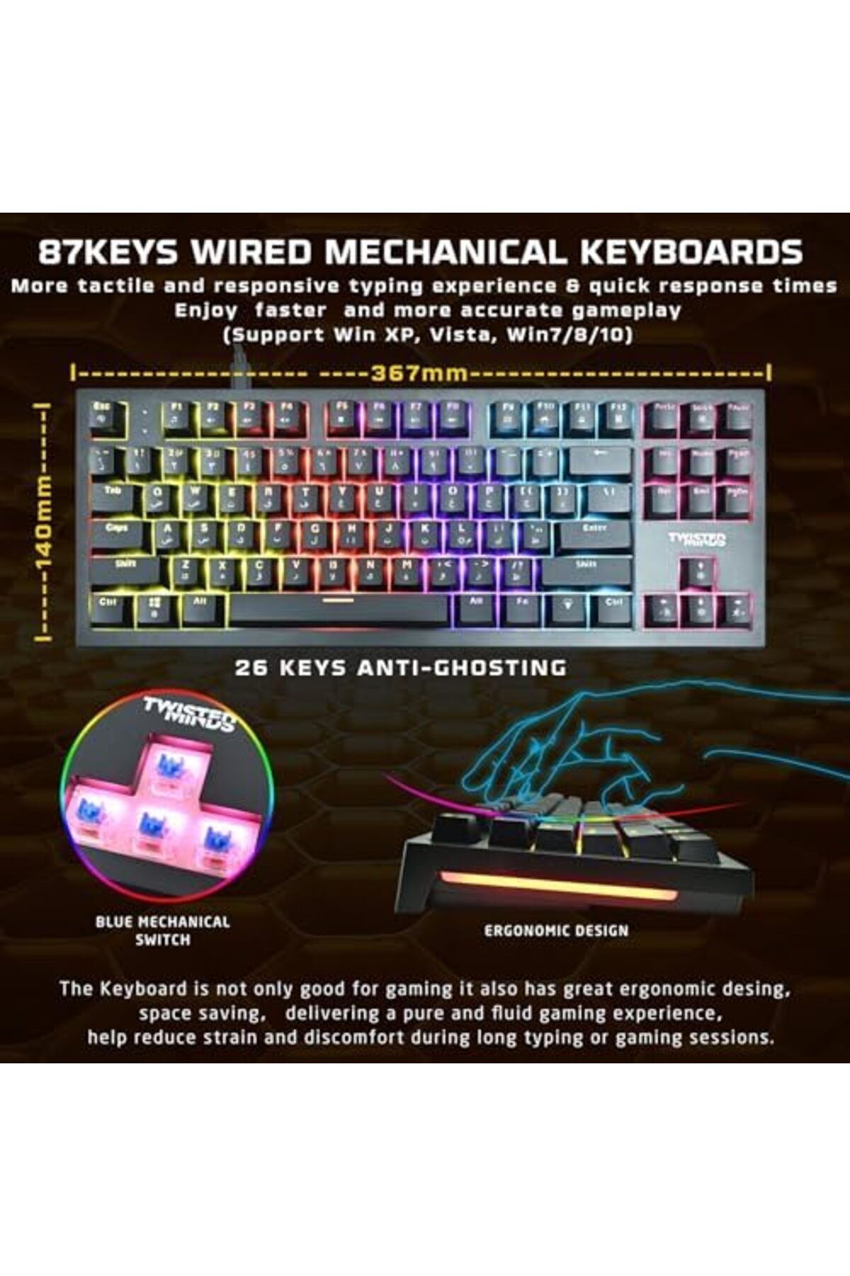Twisted Minds-Gaming 4-in-1 Bundle - Wired Mechanical Keyboard, RGB Mouse with 6 DPI Levels, LED Headset, and Larg 6