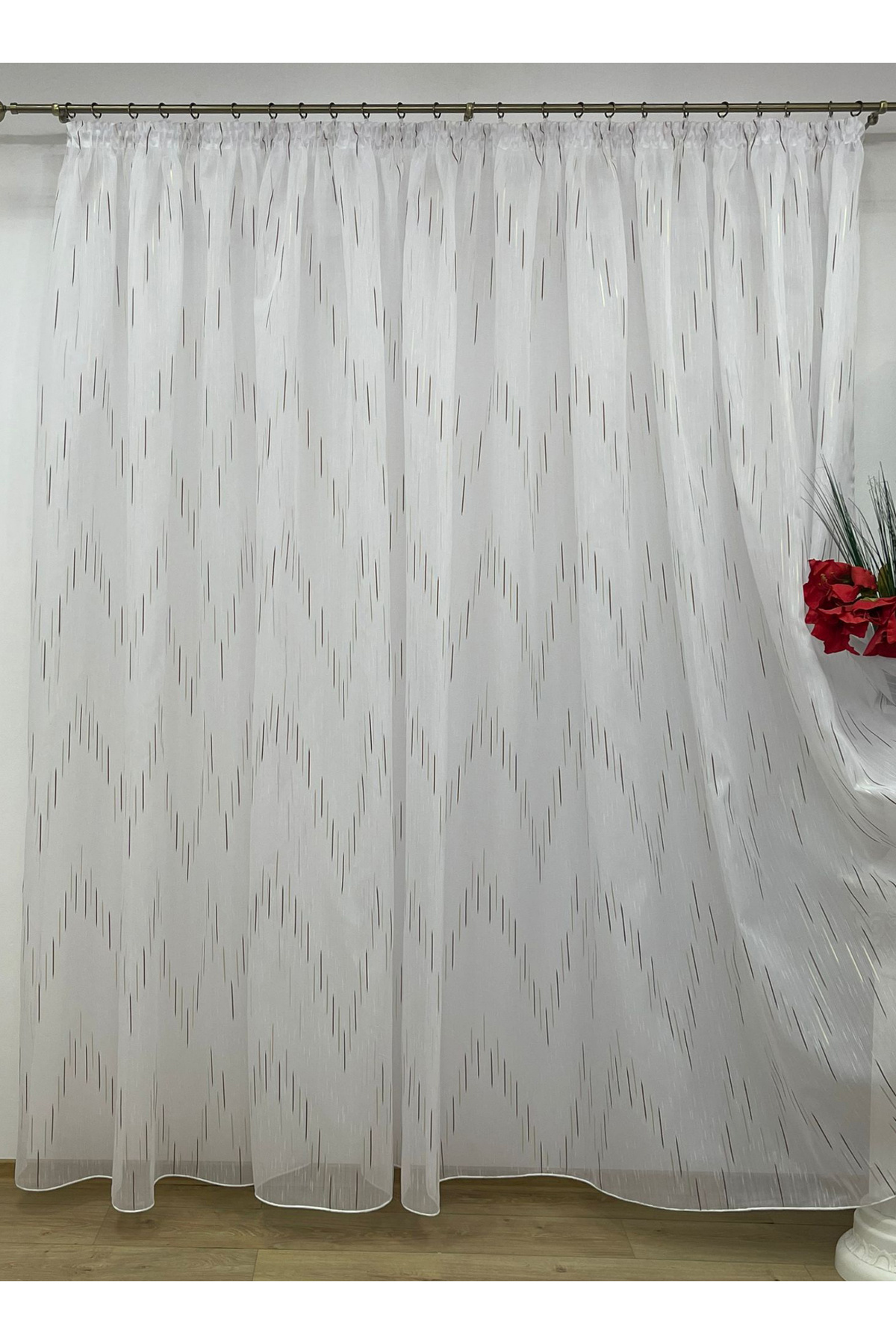 Liz Line-White curtain, mechanically embroidered, with rejansa, cappuccino/wenge, "Game of lines" by Liz Line PD049 2