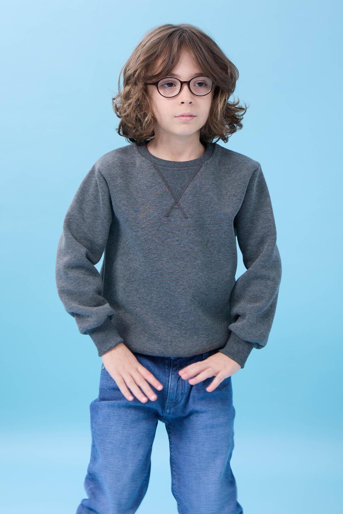 Perendi Unisex Basic Bisiklet Yaka Şardonlu Kışlık Sweatshirt - Antrasit fotoğrafı 5 (önizleme)