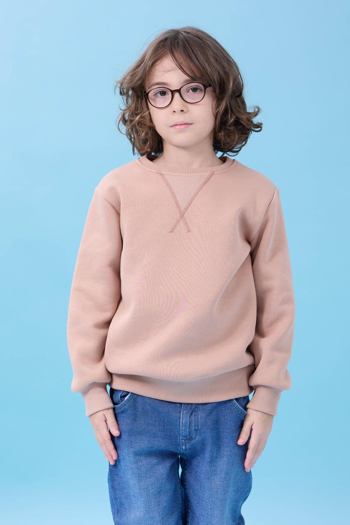 Perendi Unisex Basic Bisiklet Yaka Şardonlu Kışlık Sweatshirt - Toprak fotoğrafı 5 (önizleme)