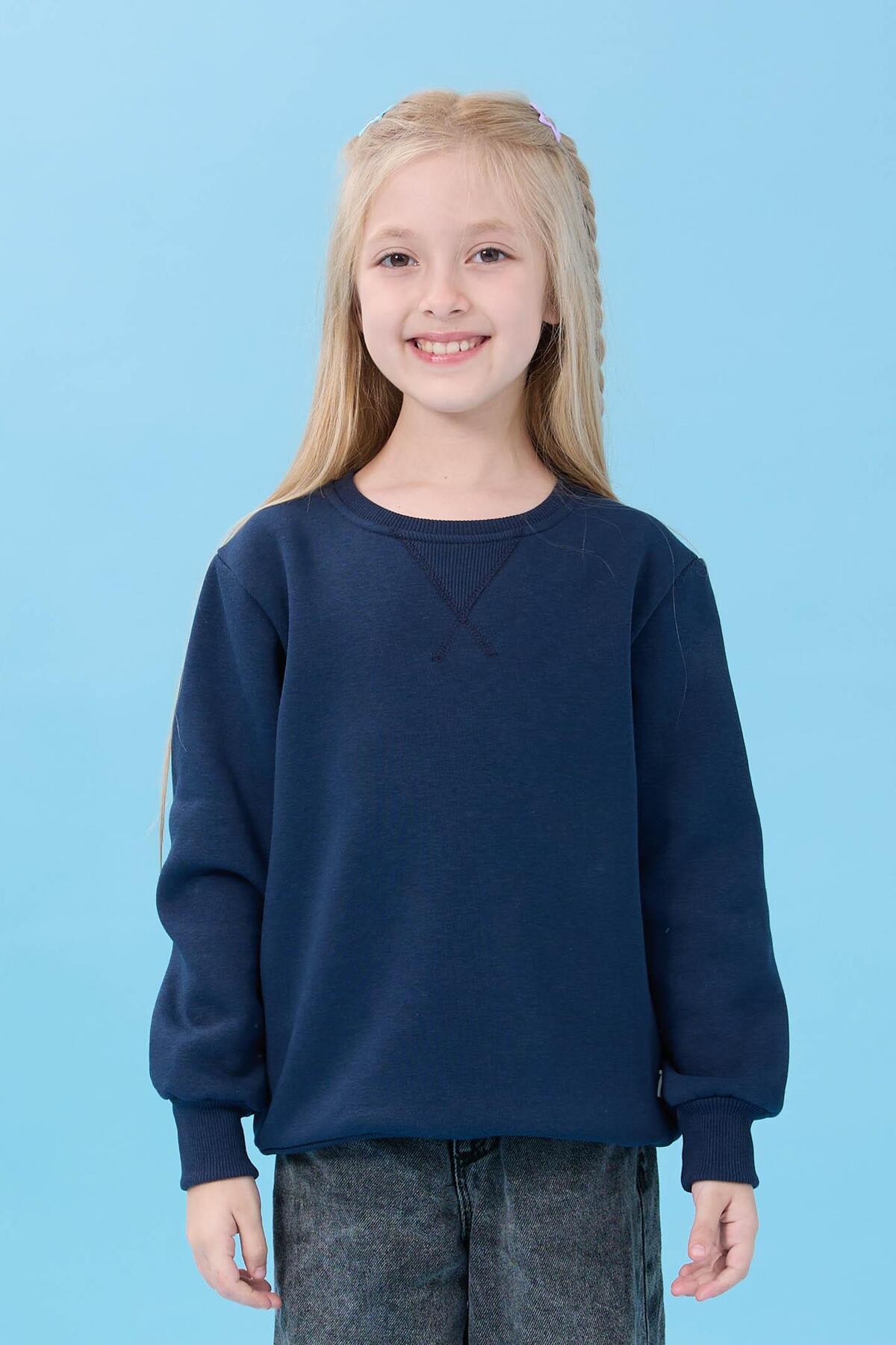 Perendi Unisex Basic Bisiklet Yaka Şardonlu Kışlık Sweatshirt - Lacivert fotoğrafı 3 (önizleme)