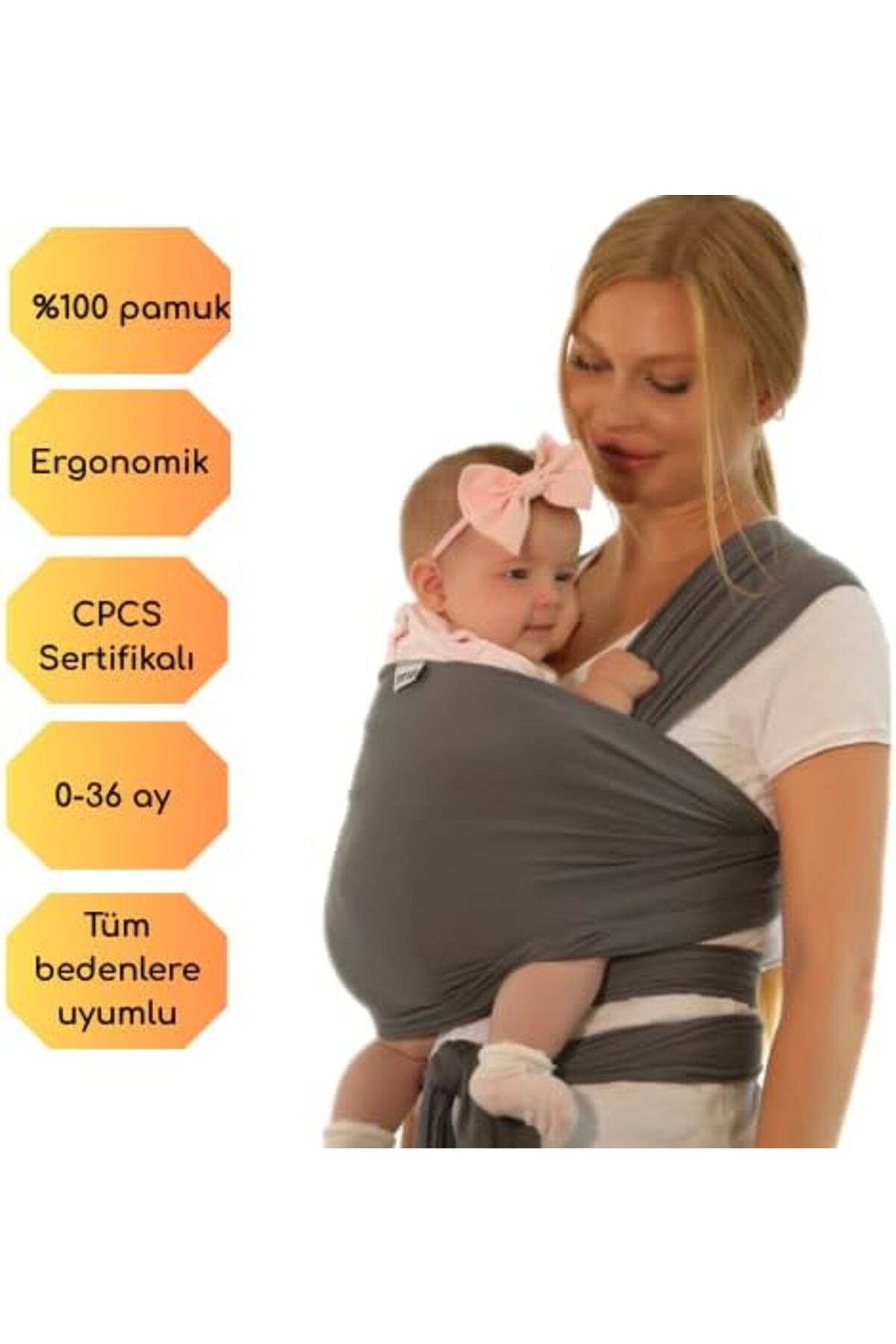 E&D Collection Bebek Sling Kanguru Esnek Wrap Sling Bebek Taşıma Şalı%100 Pamuk Sertifikalı Antrasit fotoğrafı 3 (önizleme)