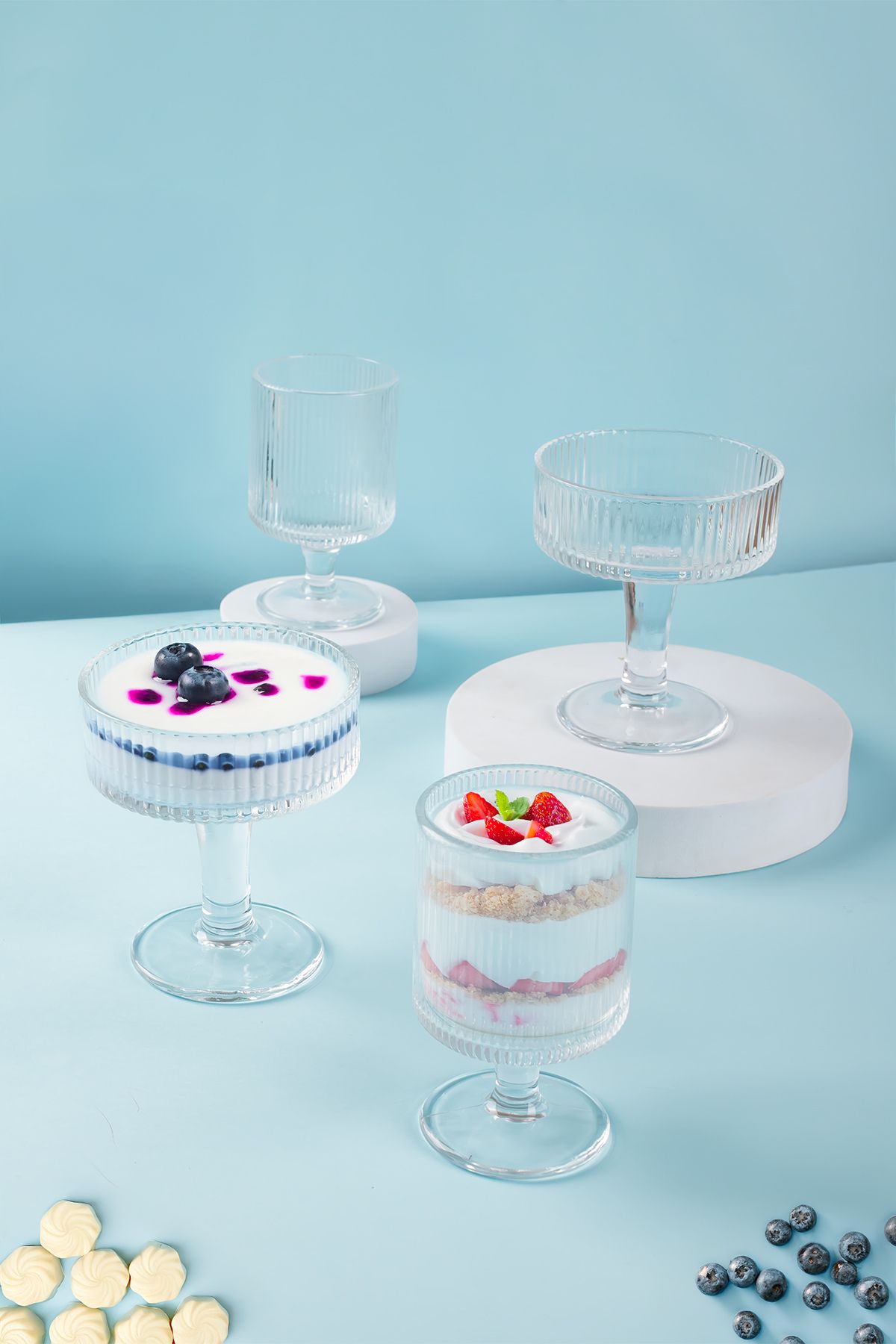 ORTAKÖY CENNETİ-4-Piece Footed Glass Ice Cream and Magnolia Bowl Sugar Bowl Snack Presentation Bowl 150ml - 250ml 2 Pieces 3