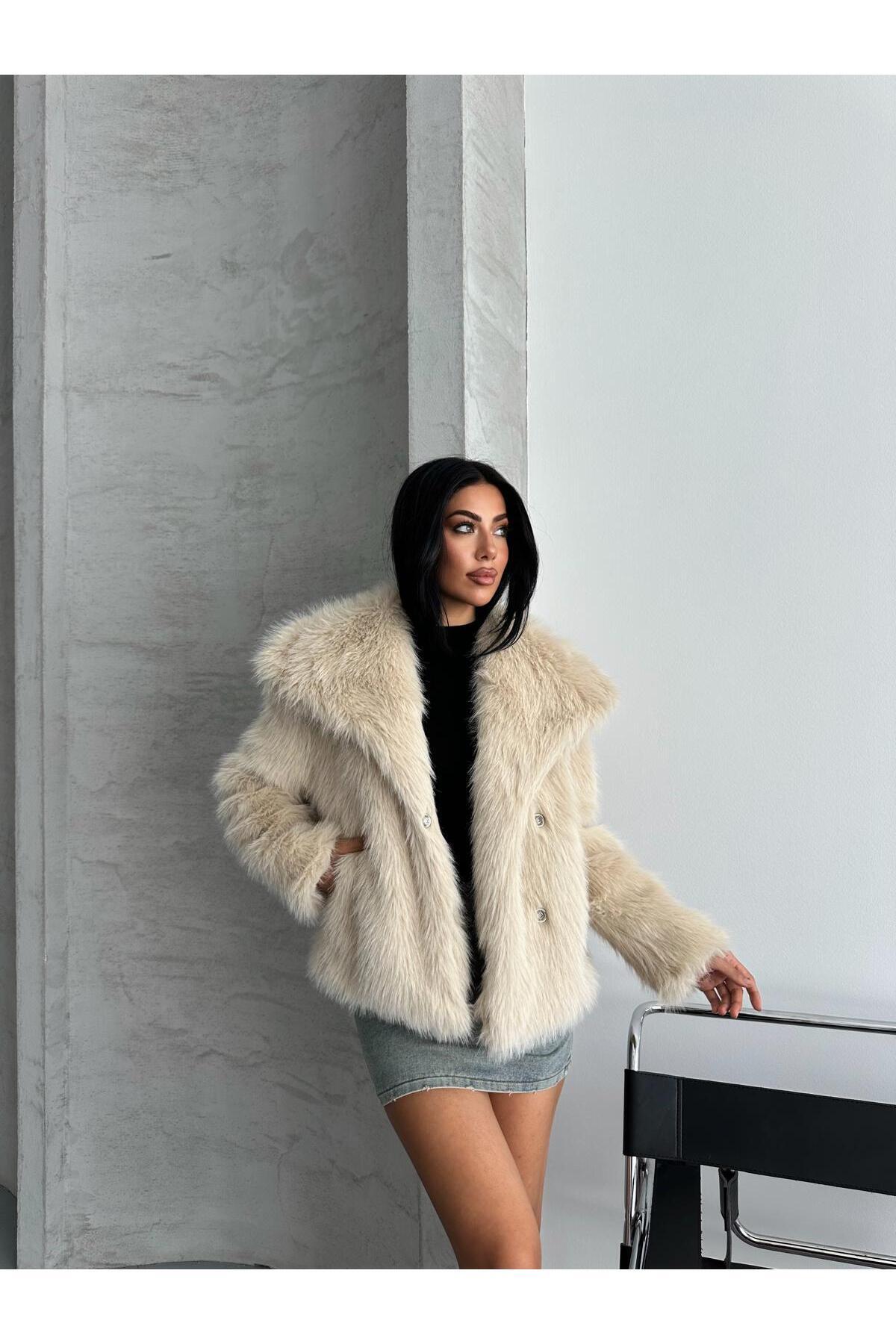 NET OF NOT-Amaya Beige Shawl Collar Women's Coat Comfortable Fit Inner Lined Premium Quality Zr Coat 6