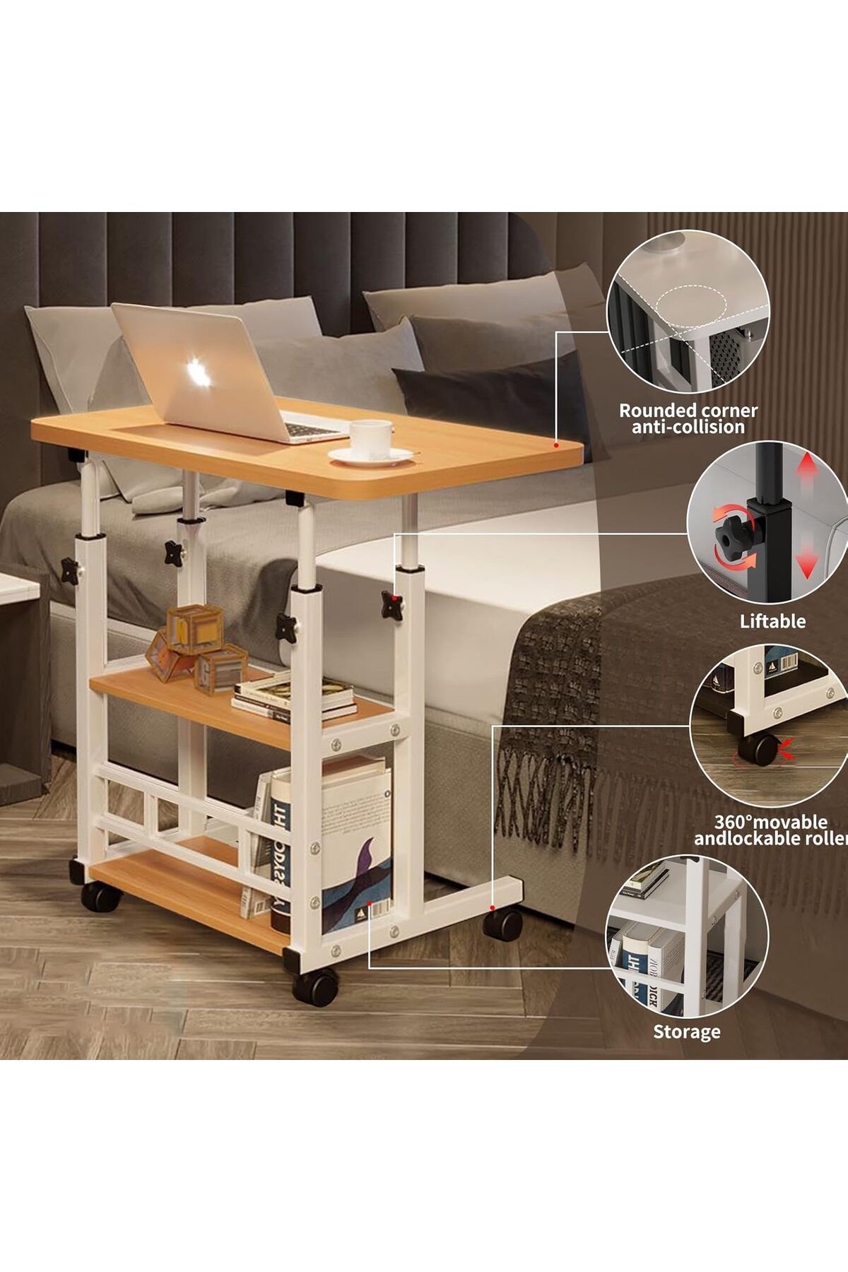 Türkiye-Adjustable Height Mobile Computer Desk for Small Space Rolling Writing with wheels and Storage Shelv 3