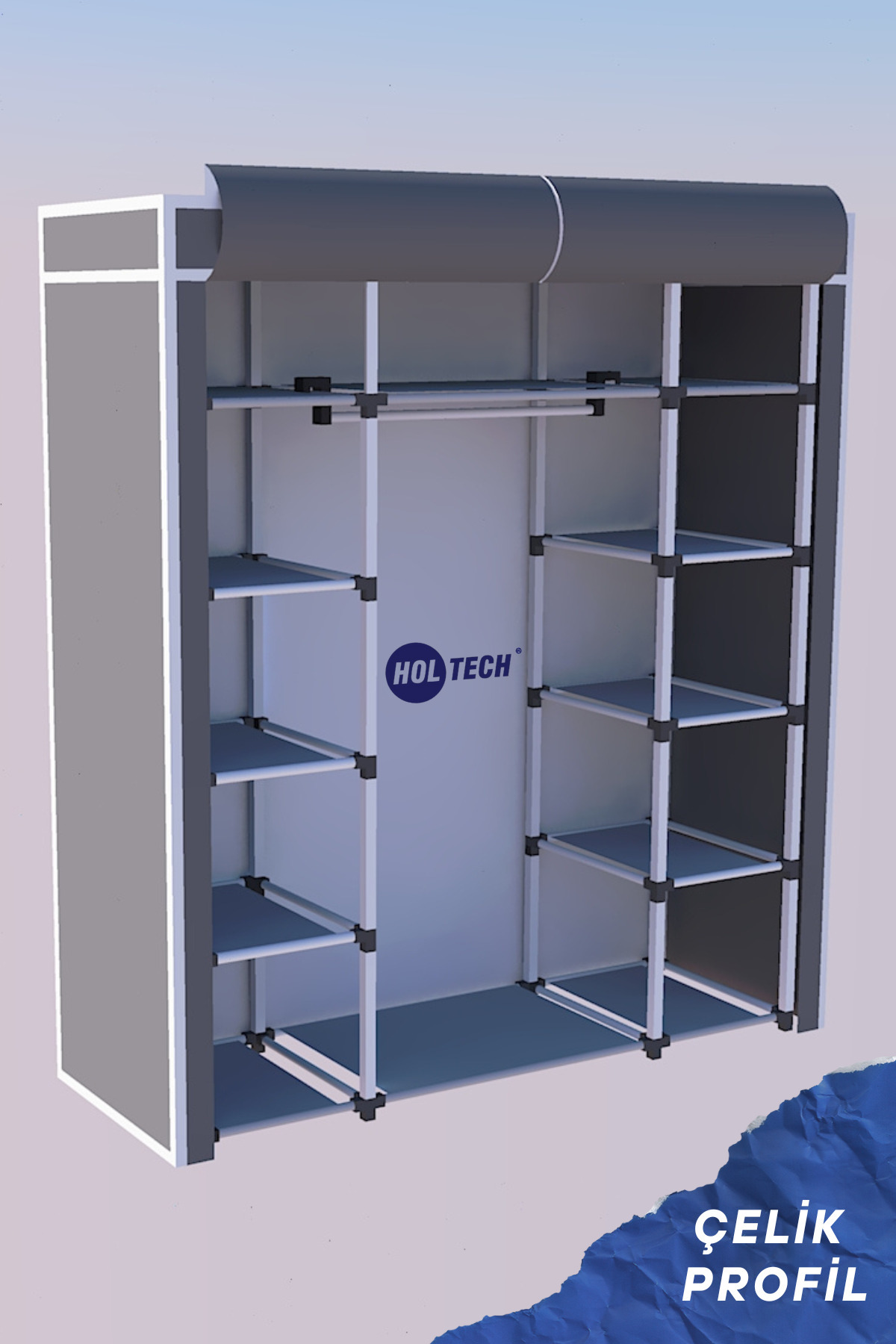 HOLTECH Bez Dolap Çift Yandan Raflı Çelik İskeletli Çok Raflı ve Askılı Gri Kumaş Gardırop -