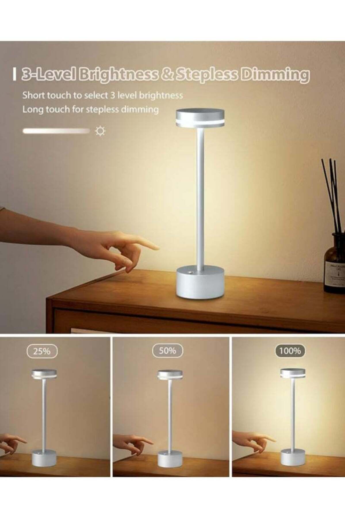 Generic-THE ARTFUL BLEND SILVER Cordless LED Bedside Lamp â€“ Rechargeable with Touch Control, 3 Brightness 1