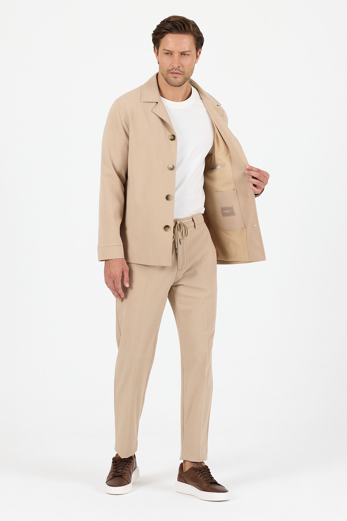 Frappoli-Lucos Men's Beige Lycra Stretch Fabric 2-Piece Overshirt Jacket + Jogger Elastic Pants 5
