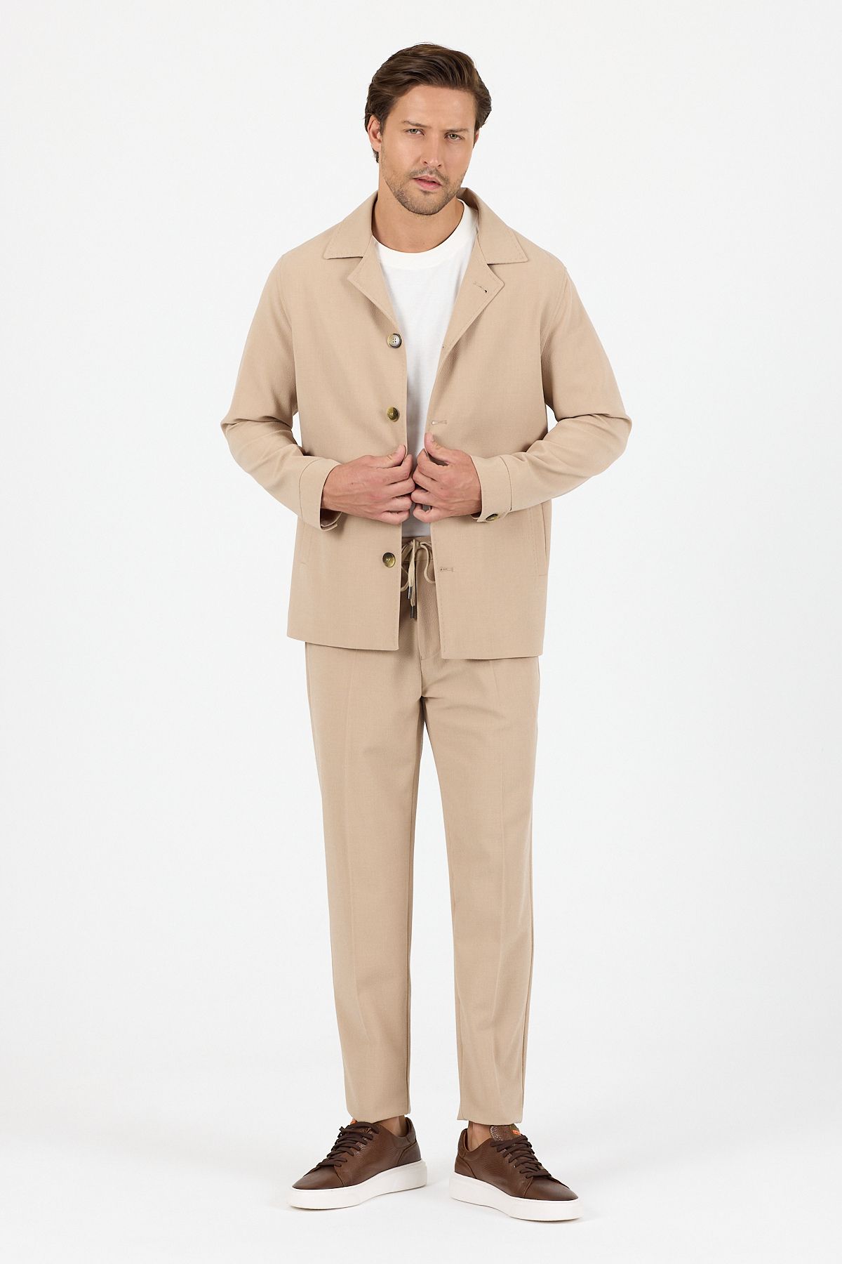 Frappoli-Lucos Men's Beige Lycra Stretch Fabric 2-Piece Overshirt Jacket + Jogger Elastic Pants 6
