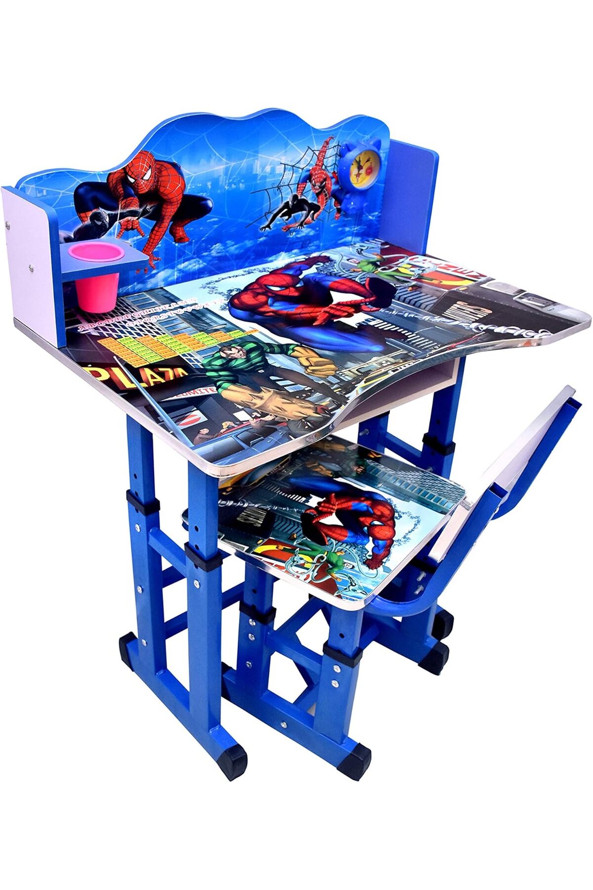 طاولة وكرسي دراسة للأطفال من خشب توبي المصنوع يدويًا- سبايدر ازرق
