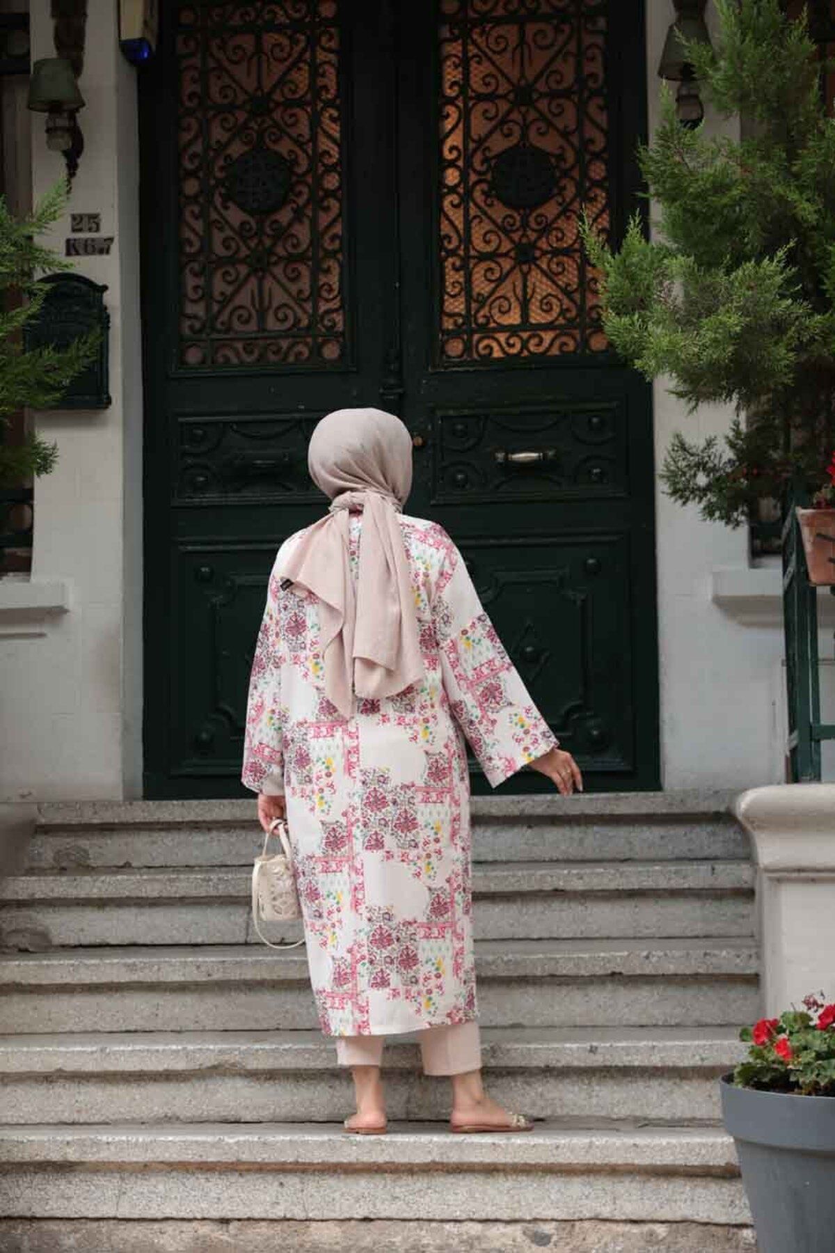 N.S NEVA STYLE-Patterned Fuchsia Hijab Kimono 32121F 4