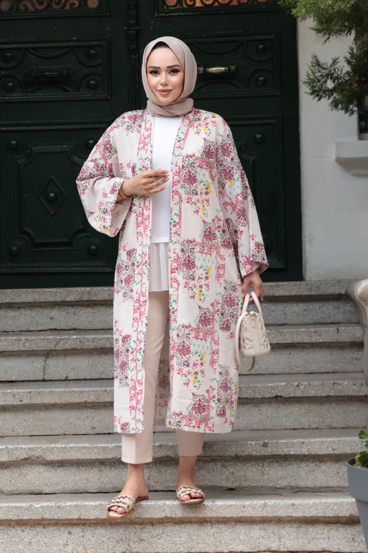 N.S NEVA STYLE-Patterned Fuchsia Hijab Kimono 32121F 2