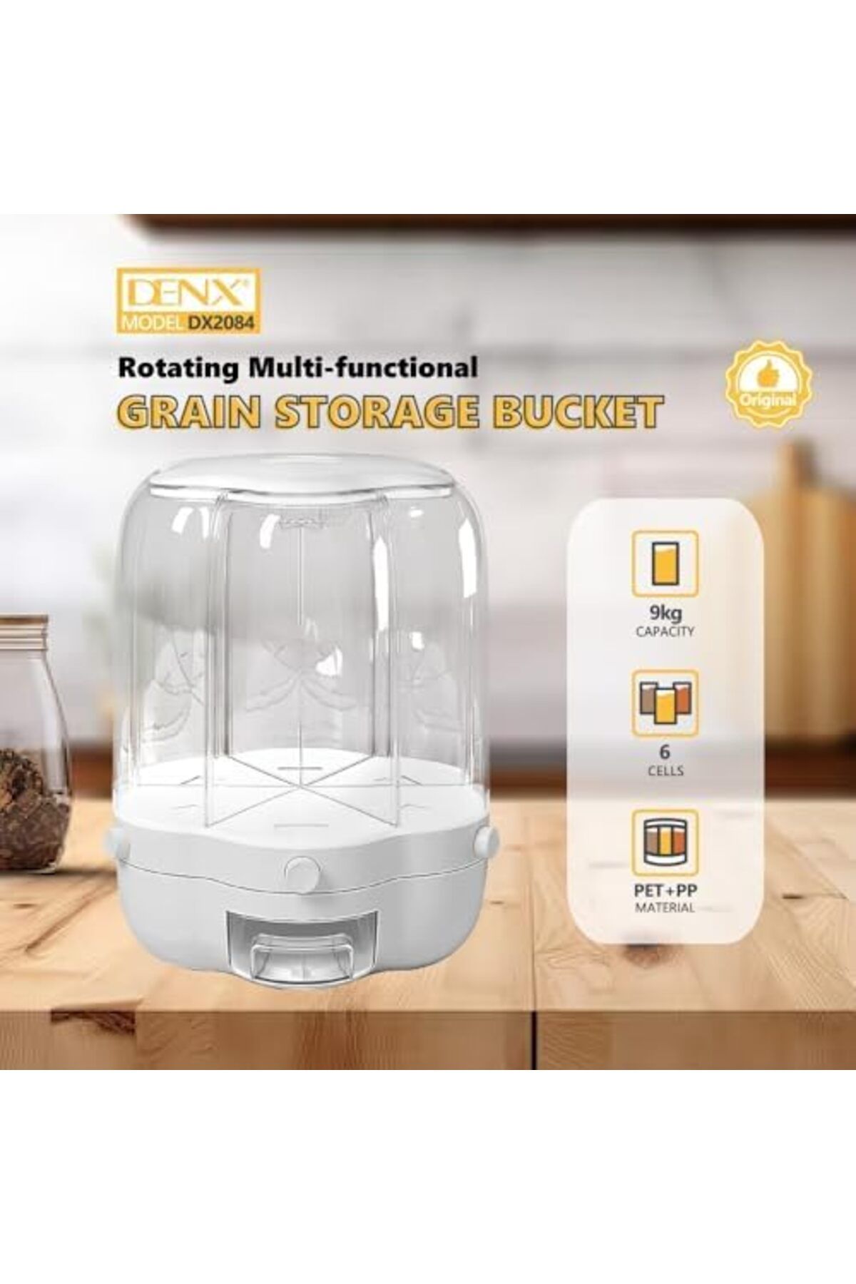 Denx-9kg Rotating Dry Food Storage Container with 6 Sections, 360° Transparent Moisture-Proof Design 2
