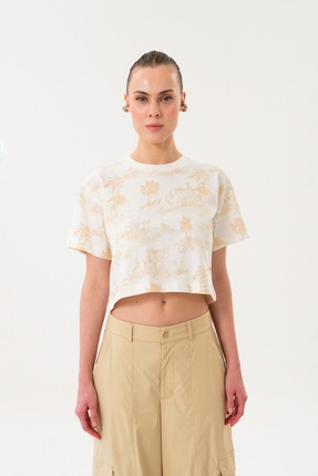 SPORTEMPT Pastoral Desen Baskılı Kadın Bisiklet Yaka Crop T-shirt - Ekru