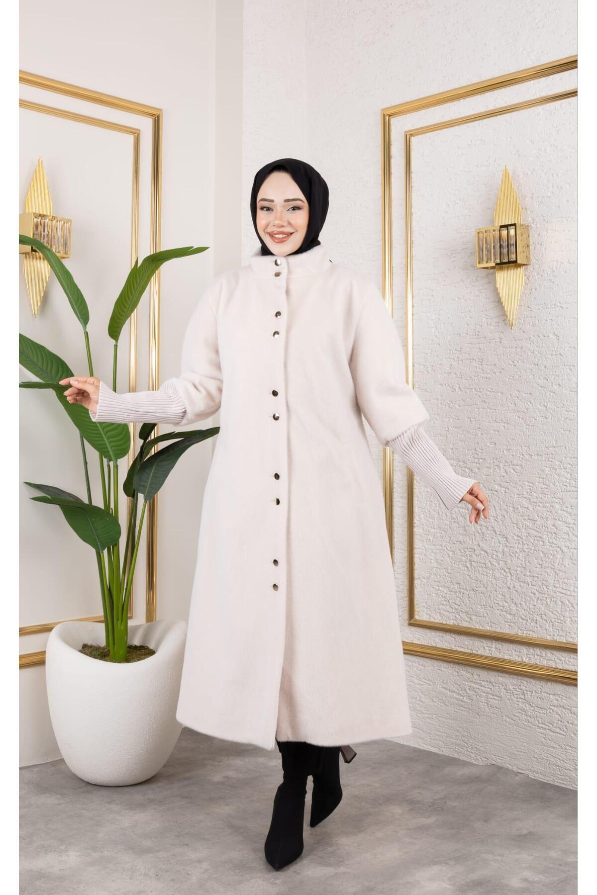 Hb Harma Time Butik Kadın Astarlı Angora Düğmeli Vizyon Kaban