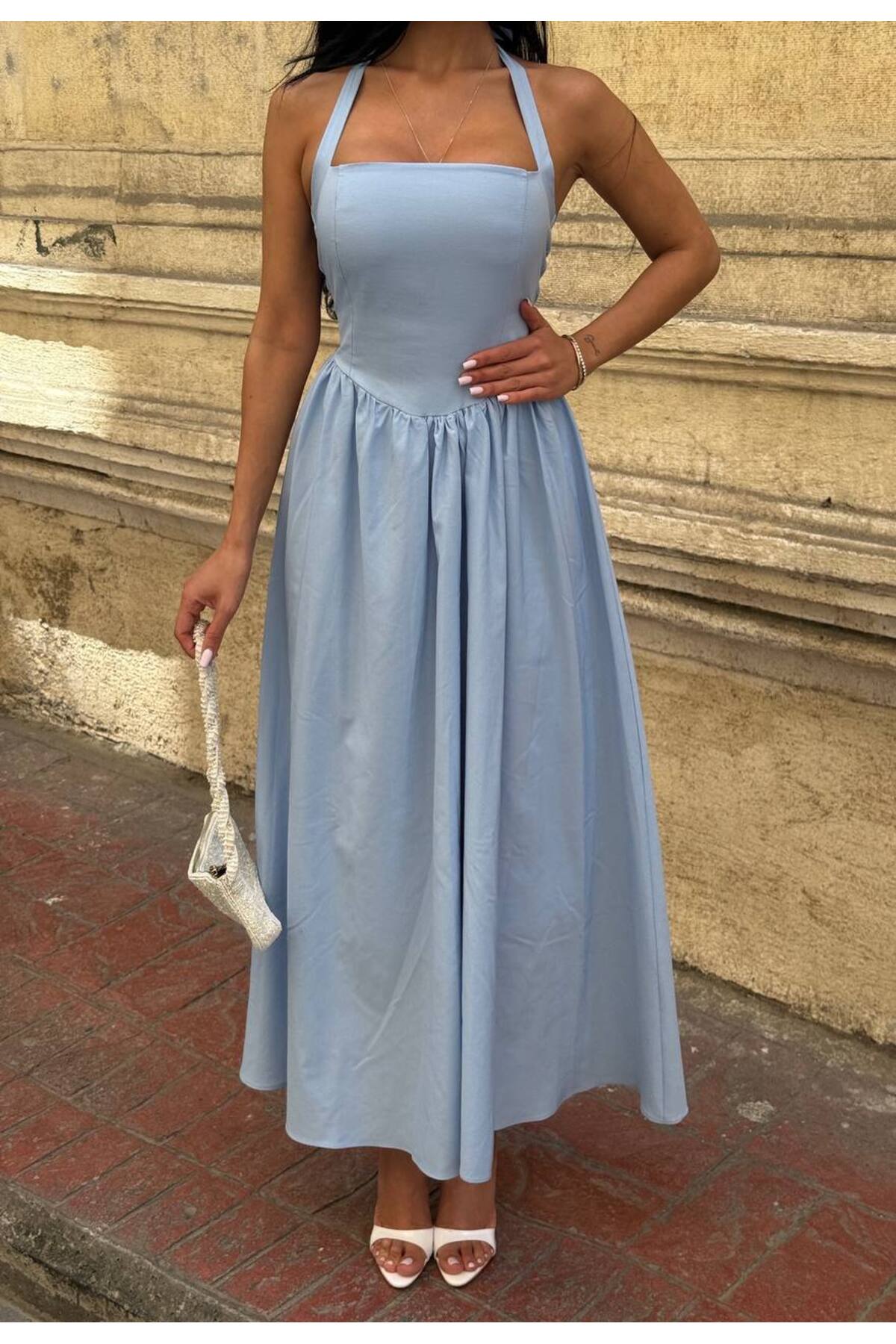 Women's Blue Neck Tied Back Gip Detailed Lined Poplin Fabric Maxi Dress