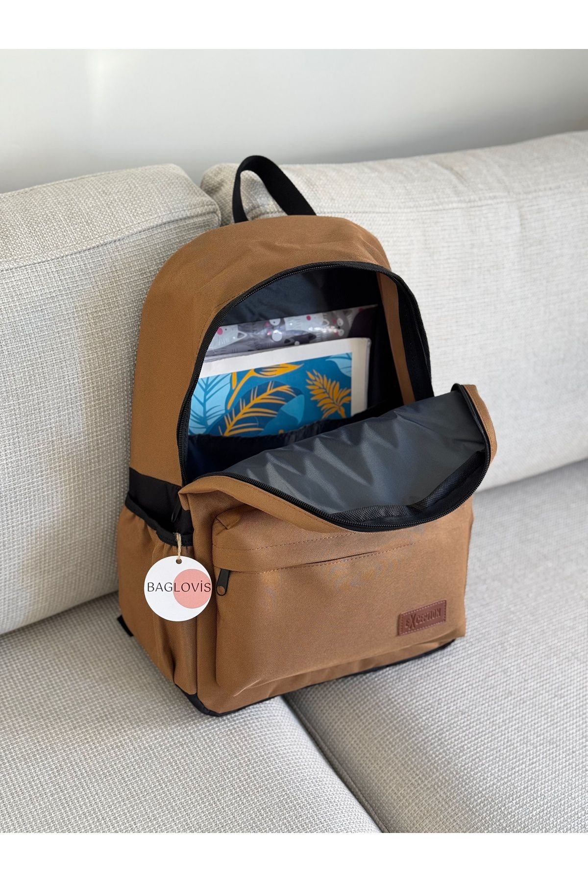 BAGLOVİS-Canvas Fabric Taba Backpack with Pockets on the Front and Sides En35 Boy46 1