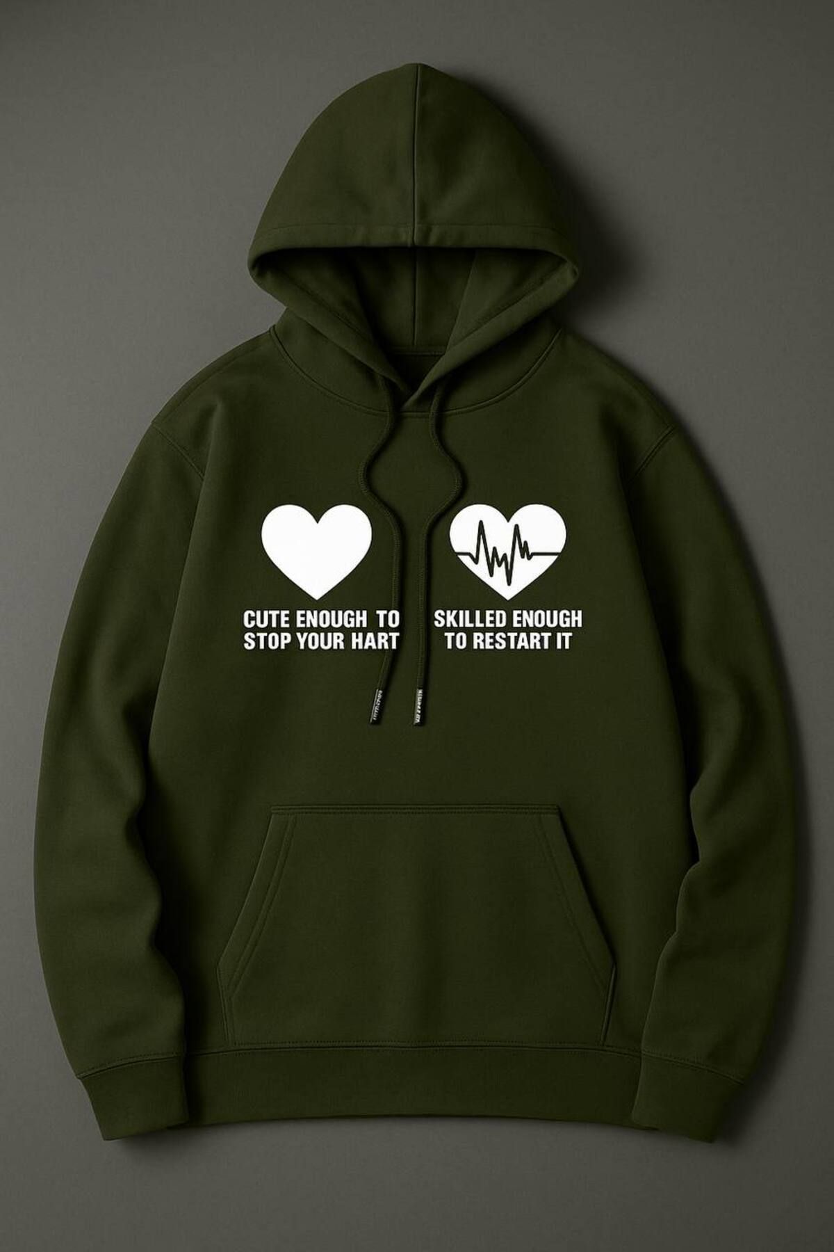 CLASSY.MODA-Heart and Ecg Pattern Hooded Sweatshirt - Romantic and Stylish Design 1