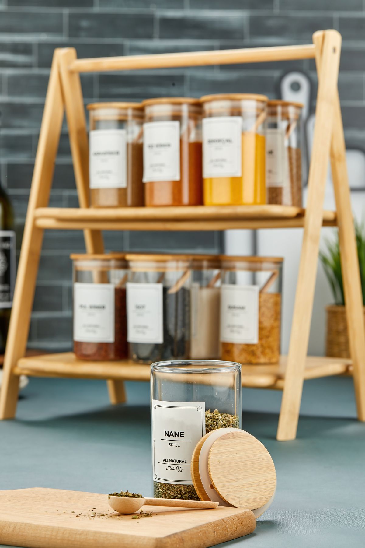 MODA OZY-Set of 12 Vacuumed Bamboo Lids and Bamboo Stands 250ml Borosilicate Glass Spice Rack Set (Including Spoon Label) 2