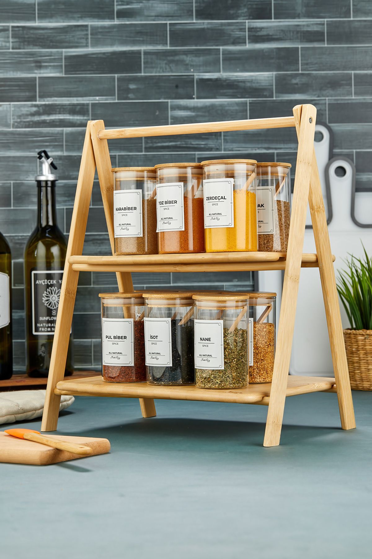 MODA OZY-Set of 12 Vacuumed Bamboo Lids and Bamboo Stands 250ml Borosilicate Glass Spice Rack Set (Including Spoon Label) 1
