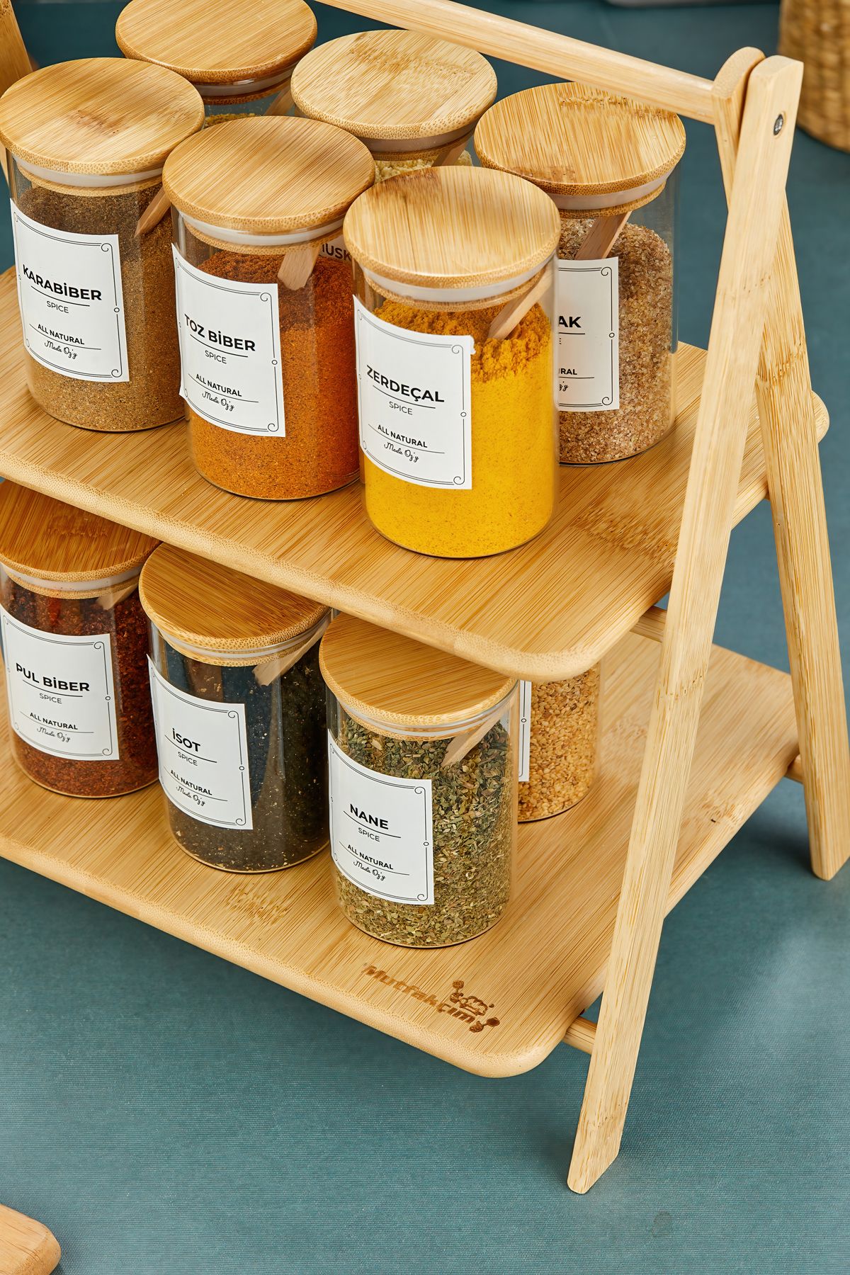 MODA OZY-Set of 12 Vacuumed Bamboo Lids and Bamboo Stands 250ml Borosilicate Glass Spice Rack Set (Including Spoon Label) 4