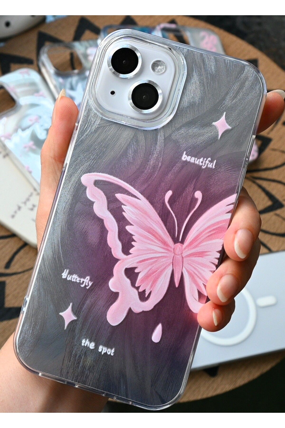 Go Aksesuar-iPhone 15 - 14 - 13 Compatible Shine Butterfly Color Transition Shiny Design Silicone Case 3